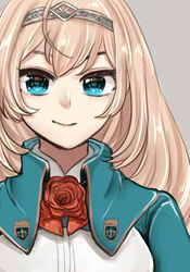  blonde_hair blue_eyes blue_jacket commentary_request female flower grey_background hairband jacket kantai_collection long_hair looking_at_viewer military military_uniform nanari_(nanari_nannari) one-hour_drawing_challenge red_flower red_ribbon red_rose ribbon rose simple_background solo tiara uniform upper_body victorious_(kancolle) 