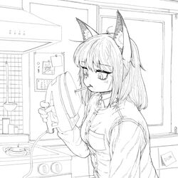  absurdres animal_ears breast_pocket breasts buttons character_request cigarette clothes_iron female fox_ears greyscale highres holding holding_clothes_iron indoors ironing lighting_cigarette long_sleeves monochrome original pocket powerdman slit_pupils smoking sticky_note stove window 