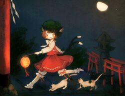  animal_ear_piercing animal_ears bad_id bad_pixiv_id bloomers blunt_bangs bobby_socks bow bowtie brown_eyes cat_ears cat_girl chen closed_eyes feline female full_body holding holding_lantern lantern long_sleeves mini_torii moon multiple_cats multiple_tails nekomata night paper_lantern red_ribbon red_skirt red_vest ribbon shirt short_hair skirt skirt_set smile socks solo stone_lantern tail torii touhou two_tails underwear vest white_bow white_shirt yujup 