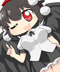  bird_wings black_hair black_ribbon black_skirt black_wings blush breasts collared_shirt commentary_request cookie_(touhou) cowboy_shot dutch_angle feathered_wings female frilled_skirt frills hair_between_eyes hat hospital_king index_finger_raised large_breasts long_bangs looking_at_viewer maru_(cookie) miniskirt neck_ribbon one_eye_closed open_mouth pleated_skirt pom_pom_(clothes) puffy_short_sleeves puffy_sleeves red_eyes red_hat ribbon shameimaru_aya shirt short_hair short_sleeves simple_background skirt solo tokin_hat touhou white_background white_shirt wings 