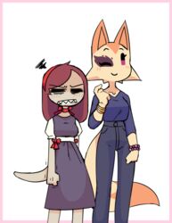  2022 age_difference angry anne_(nekuzx) anthro blouse blush bottomwear bracelet canid canine clothing dress duo eye_scar facial_scar female fox gecko genesis_(nekuzx) grumpy hair jewelry lizard long_hair mammal nekuzx pants red_hair reptile ribbons scalie scar sharp_teeth simple_background teeth topwear 