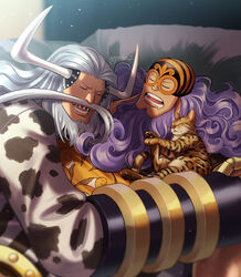  2boys animal avalo_pizarro bad_proportions beard closed_eyes coat curly_hair drooling eye_mask facial_hair feline gauntlets grey_hair highres horns indoors jesus_burgess long_hair lying lying_on_person male_focus mask missing_tooth moustache multiple_boys on_back on_side one_piece open_mouth pillow purple_hair shirt sleeping small_head smile twitter_username upper_body wrestling_mask youkan_(tako) 