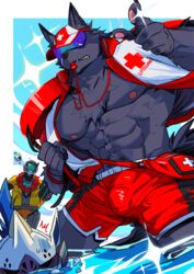  3boys abs absol_(dkqthf) bag bara bulge cloud cloudy_sky collared_shirt fangs feet_out_of_frame flower flower_necklace furry furry_male gerard_(world_flipper) helmet jacket large_pectorals lifeguard looking_at_viewer male_focus manly multiple_boys muscular muscular_male nipples open_clothes open_shirt outdoors pectorals regis_(world_flipper) robot rolf_(world_flipper) shirt shorts sky sunglasses visor_cap water whistle whistle_around_neck wolf_boy world_flipper 