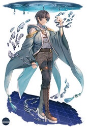  1boy alternate_costume bishounen blue_coat blue_eyes boots brown_footwear brown_hair character_name closed_mouth coat fantasy full_body hair_between_eyes high_heel_boots high_heels hikaru_no_go holding isumi_shin&#039;ichirou knee_boots long_sleeves male_focus monicanc open_clothes open_coat pants shirt short_hair solo standing turtleneck white_shirt wide_sleeves 