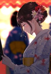  1other 2girls absurdres animal_print asa_no_ha_(pattern) bad_id bad_pixiv_id black_kimono blue_eyes blue_kimono blurry blurry_background brown_hair clothes_grab commentary_request depth_of_field fish_print floral_print flower from_side hair_flower hair_ornament highres hydrangea_print japanese_clothes kimono leaf_print looking_at_another looking_down multiple_girls night obi orange_flower original outdoors pink_flower print_kimono profile red_flower saitou_(lynx-shrike) sash sleeve_grab solo_focus summer_festival updo upper_body white_flower yellow_sash yukata 