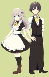  1boy apron bag black_apron black_hair black_legwear black_shirt black_skirt black_vest blue_eyes boots brown_eyes brown_footwear charlotte_(anime) closed_mouth collared_shirt commentary_request dress_shirt female floating_hair green_background grey_hair hair_between_eyes hand_on_own_hip kneehighs kurotea long_hair looking_at_viewer medium_skirt otosaka_yuu shirt short_hair short_sleeves simple_background skirt sleeves_rolled_up smile socks tomori_nao vest white_apron white_shirt wing_collar 