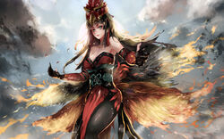  absurdres aqua_eyes bare_shoulders black_gloves black_hair black_pantyhose breasts cleavage cloud cloudy_sky elbow_gloves feathered_wings female gloves highres hououka_(onmyoji) large_breasts long_hair mask mask_on_head obi onmyoji pantyhose red_headwear sash sky solo thick_eyebrows vardan wings 