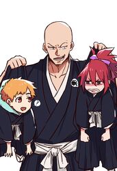  2boys ? abarai_ichika absurdres bald black_hakama bleach bleach:_epilogue bow choko_egg commentary_request female hairbow hakama highres holding japanese_clothes kurosaki_kazui lifting_person long_hair long_sleeves looking_at_another madarame_ikkaku multiple_boys open_mouth orange_eyes orange_hair ponytail purple_bow red_hair teeth upper_body white_background 