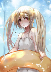  absurdres bad_id bad_pixiv_id bird blonde_hair blue_sky character_request cloud collarbone day dress female hair_between_eyes highres holding holding_swim_ring innertube lolicon long_hair looking_at_viewer ocean outdoors parted_lips red_eyes seagull sky sleeveless sleeveless_dress solo swim_ring swimsuit tower_of_saviors twintails vardan water_drop white_dress 