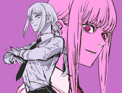  black_necktie black_pants braid braided_ponytail business_suit chainsaw_man collared_shirt crazy_eyes female formal hand_gesture light_smile long_hair looking_at_viewer looking_to_the_side makima_(chainsaw_man) matahei necktie pants purple_background ringed_eyes shirt smile solo suit white_shirt 