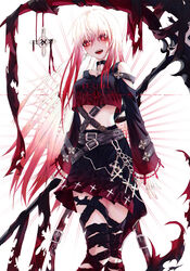  andi_1021 bad_id bad_pixiv_id bandages belt black_skirt blush breasts bright_pupils chains choker commentary cross cross_earrings earrings female goth_fashion gradient_hair highres jewelry long_hair long_sleeves looking_at_viewer multicolored_hair open_mouth original photoshop_(medium) pink_hair red_eyes red_hair ribbon ring scythe sharp_teeth skirt smile solo symbol-only_commentary symbol-shaped_pupils teeth torn_clothes two-tone_hair very_long_hair watermark weapon white_hair white_pupils 