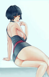  arm_support ass bare_legs black_hair bottomless breasts brown_eyes collar dress female looking_at_viewer no_bra persona persona_5 revision short_dress short_hair sideboob sitting solo spiked_collar spikes strap_slip takemi_tae zefrableu 