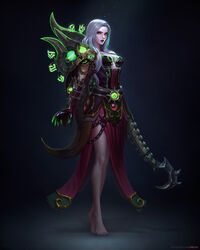  absurdres armor bare_legs barefoot breasts cleavage commission dark_background death_knight_(warcraft) dress fanfoxy female gauntlets highres holding holding_weapon long_hair looking_at_viewer looking_to_the_side lumen_(warcraft) medium_breasts red_eyes red_lips shoulder_armor warcraft weapon white_hair witch world_of_warcraft 