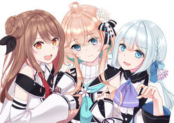  3girls ahoge blue_eyes blue_hair bow brown_hair closed_mouth flower hair_flower hair_ornament hairbow hanagumo_kuyuri highres hitotose_tanteidan looking_at_viewer multicolored_hair multiple_girls necktie open_mouth pink_hair ramusika red_necktie simple_background smile two-tone_hair virtual_youtuber white_background yuugasaki_umi yuzuriha_honami 