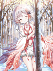  ^_^ bad_id bad_pixiv_id bare_shoulders bare_tree blush breasts cleavage closed_eyes closed_mouth clothing_cutout commentary_request day detached_sleeves dress facing_viewer feather-trimmed_sleeves female hair_ornament long_sleeves medium_breasts multicolored_hair navel navel_cutout outdoors peeking_out red_hair see-through sleeveless sleeveless_dress smile snow solo standing streaked_hair sunlight tears teikoku_senki toki_(teikoku_senki) tree veil watermark white_dress white_hair white_sleeves wide_sleeves yuuki_rika 