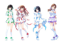  4girls :d absurdres ankle_boots asymmetrical_legwear belt black_hair blue_bow blue_eyes bob_cut boots bow braid breasts brown_eyes brown_hair cleavage cleavage_cutout closed_mouth clothing_cutout commentary_request contrapposto cropped_shirt dot_nose dress enogu fold-over_boots green_eyes hair_over_one_eye hairbow hand_up head_tilt highres hinata_nao_(iwamotochou_geinousha) iwamotochou_geinousha kagawa_ichigo kneehighs large_breasts long_sleeves looking_at_viewer midriff miniskirt multiple_girls natsume_haru navel neck_ribbon one_eye_covered open_mouth pleated_skirt red_neckwear red_ribbon ribbon salute shirafuji_tamaki shirt shoulder_cutout side_braid single_kneehigh single_sock single_thighhigh skirt smile socks standing standing_on_one_leg suzuki_anzu thighhighs uneven_legwear white_belt white_dress white_footwear white_legwear white_shirt wristband 