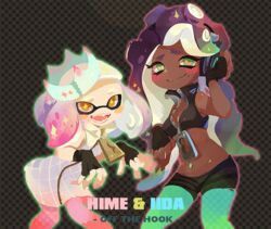  2girls :d black_hair blush_stickers crop_top crown dark-skinned_female dark_skin dress einri fingerless_gloves gloves gradient_hair green_eyes green_legwear headphones high_collar inkling marina_(splatoon) midriff mole mole_under_mouth monster_girl multicolored_hair multiple_girls navel_piercing octoling open_mouth orange_eyes pantyhose pantyhose_under_shorts pearl_(splatoon) piercing pink_legwear polka_dot polka_dot_background shorts smile sparkle splatoon_(series) splatoon_2 star-shaped_pupils star_(symbol) symbol-shaped_pupils tentacle_hair very_dark_skin wavy_mouth white_dress white_hair zipper zipper_pull_tab 