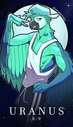  2022 anthro avian beak biped bird bottomwear clothed clothing cosmic_background digital_media_(artwork) feathers fully_clothed green_body green_eyes green_feathers looking_at_viewer macaw male multicolored_body neotropical_parrot pants parrot shaded shirt side_view signature solar_house solo spix&#039;s_macaw standing sweatpants tank_top text topwear true_parrot uranus_(solar_house) vanadiumvalor 