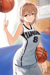  balancing balancing_ball balancing_on_finger ball bare_arms bare_shoulders basketball basketball_(object) basketball_jersey basketball_uniform breasts brown_hair clothes_writing commentary_request doorway female gym_storeroom hair_between_eyes highres holding holding_ball looking_at_viewer medium_breasts medium_hair original power_forward-chan_(tapioka_(oekakitapioka)) shirt shorts sleeveless sleeveless_shirt solo spinning sportswear sunlight tapioka_(oekakitapioka) white_shirt white_shorts yellow_eyes 