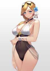  absurdres azur_lane bare_shoulders bikini blonde_hair blue_eyes blush breasts casual_one-piece_swimsuit cleavage closed_mouth collarbone commentary covered_navel eyewear_on_head female flower hair_flower hair_ornament hair_over_shoulder highres hood_(azur_lane) hood_(lady_of_the_shining_sun)_(azur_lane) jewelry large_breasts long_hair looking_at_viewer low_ponytail multicolored_bikini multicolored_clothes multicolored_swimsuit necklace o-ring o-ring_top official_alternate_costume one-piece_swimsuit smile solo standing sunglasses swept_bangs swimsuit thighs yamanokami_eaka 