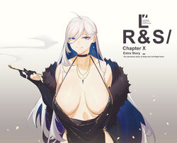  ahoge bare_shoulders black_choker black_dress breasts choker cleavage dress evening_gown female fur_collar highres jewelry large_breasts long_hair multicolored_hair necklace original shipl smoking_pipe solo 