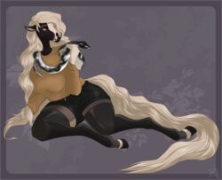  2022 5_fingers anthro aspen_(lil-mare) border bottomwear breasts clothed clothing cream_hair digital_media_(artwork) equid equine eyeshadow facial_markings facial_piercing female fingers fluffymare grey_border hair head_markings hi_res hooves horse hotpants leaning legwear long_sleeves looking_down makeup mammal markings nose_piercing nose_ring piercing reptile ring_piercing scalie shirt shorts simple_background sitting snake solo tail tan_tail thigh_highs tongue tongue_out topwear white_eyes 