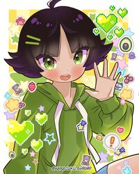  ! ahoge artist_name avocado bird black_hair blue_shorts blush buttercup_(ppg) cherry english_commentary eyelashes female food forehead fruit green_eyes green_sleeves hair_ornament hairclip harajukushrimp heart highres hood hoodie long_sleeves multicolored_hair open_mouth parted_bangs paw_print powerpuff_girls purple_hair shorts solo speech_bubble squid star_(symbol) sticker strawberry teeth two-tone_hair upper_teeth_only v-shaped_eyebrows 