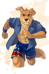  2022 absurd_res anthro bird_dog bottomwear canid canine canis clothing domestic_dog gradient_background hi_res hunter_(road_rovers) hunting_dog jacket labrador leo-artis looking_at_viewer male mammal muscular muscular_anthro retriever road_rovers running shorts simple_background smile solo teeth topwear triangle_(shape) white_background wristband 