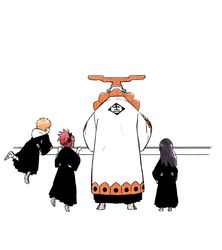  2boys 2girls abarai_ichika back black_bow black_hair bleach bleach:_epilogue bow choko_egg commentary_request full_body haori highres japanese_clothes kurosaki_kazui kurotsuchi_mayuri long_hair multiple_boys multiple_girls nemuri_hachigou orange_hair ponytail red_hair sandals short_hair simple_background standing tabi taichou_haori white_background white_legwear zouri 