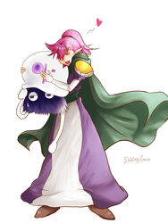  bad_id bad_pixiv_id brown_footwear cape domingo_(shining_force) elf female green_cape heart hug long_sleeves open_mouth pink_hair pointy_ears ponytail purple_eyes purple_robe robe shining_(series) shining_force_i simple_background smile standing tao_(shining_force) white_background yellow_eyes z_ryo-ki 