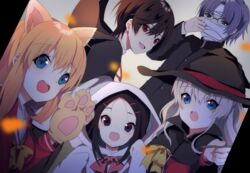  2boys 3girls :d animal_ears animal_hands bandaged_head bandages black_eyes black_hair black_headwear black_jacket blonde_hair blue_eyes bow bowtie charlotte_(anime) collared_shirt commentary_request fake_animal_ears glasses gloves grey_background grey_hair hair_between_eyes hair_ornament hairband hairclip halloween halloween_costume hat holding hood hood_up jacket kurotea long_hair long_sleeves looking_at_viewer loose_bowtie multiple_boys multiple_girls nishimori_yusa oerba_yun_fang open_mouth otosaka_ayumi otosaka_yuu parted_bangs paw_gloves red_bow red_eyes red_neckwear red_shirt sailor_collar sailor_shirt shirt short_hair smile takajou_joujirou tomori_nao upper_body white_sailor_collar witch witch_hat yellow_bow yellow_bowtie yellow_gloves yellow_hairband 