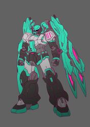  clenched_hands crossover fusion grey_background gundam hatsune_miku highres looking_ahead looking_down mecha mechanization mobile_suit_gundam no_humans one-eyed robot solo sukekiyo56 vocaloid zaku_ii 