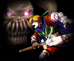  1boy armor belt black_background blonde_hair blue_cape blue_eyes brown_gloves cape dark_dragon drooling gauntlets glint gloves glowing glowing_eyes headband holding holding_sword holding_weapon male_focus max_(shining_force) photoshop_(medium) screaming sheath shining_(series) shining_force_i standing sword unsheathing weapon zanma 