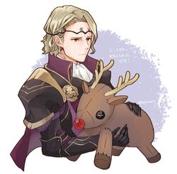  1boy armor blonde_hair cape circlet closed_mouth cropped_torso fire_emblem fire_emblem_fates gauntlets hair_intakes male_focus purple_cape red_eyes robaco short_hair shoulder_armor simple_background solo stuffed_animal stuffed_reindeer stuffed_toy twitter_username white_background xander_(fire_emblem) 