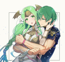  1boy armor blush braid byleth_(fire_emblem) byleth_(male)_(fire_emblem) cape cosplay dress female fire_emblem fire_emblem:_three_houses flower grabbing grabbing_from_behind green_eyes green_hair hair_flower hair_ornament hair_ribbon hug hug_from_behind long_hair open_mouth ribbon ribbon_braid seiros_(fire_emblem) short_hair smile straight textless_version yomusugara_(uzo-muzo) 