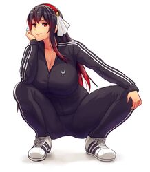  black_hair black_jacket black_pants black_track_suit breasts cleavage erkaz female hair_ribbon hand_on_own_chin highres jacket karinka_katyusha_(erkaz) large_breasts long_hair multicolored_hair original pants red_eyes ribbon shoes sidelocks smile sneakers solo squatting thighs track_jacket white_background white_footwear zipper zipper_pull_tab 