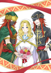  2boys absurdres black_coat blonde_hair blue_eyes blush bouquet cape coat commentary_request dress female fire_emblem fire_emblem:_the_sacred_stones fire_emblem_heroes green_cape grin highres holding holding_bouquet joshua_(fire_emblem) joshua_(resolute_tempest)_(fire_emblem) long_hair midori_no_baku multiple_boys multiple_persona natasha_(fire_emblem) official_alternate_costume partial_commentary red_eyes red_hair smile straight white_dress you_gonna_get_raped 