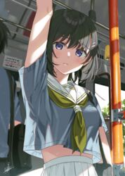  1boy arm_up bag black_hair blush bob_cut bus bus_interior commentary_request female from_below green_neckerchief grey_shirt grey_skirt hair_between_eyes hair_ornament hairclip highres kukiha looking_at_viewer looking_down midriff motor_vehicle neckerchief original pleated_skirt purple_eyes sailor_collar school_bag school_uniform serafuku shirt short_hair short_sleeves shoulder_bag signature skirt solo_focus uniform upper_body white_sailor_collar 