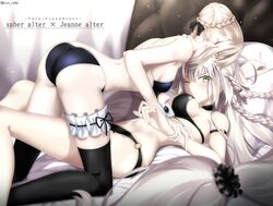  2girls ;( absurdres all_fours artoria_pendragon_(alter_swimsuit_rider)_(fate) artoria_pendragon_(alter_swimsuit_rider)_(second_ascension)_(fate) artoria_pendragon_(fate) ass bikini black_bikini black_bow black_choker black_thighhighs blonde_hair blurry blurry_foreground bow braid braided_bun breasts character_name choker cleavage copyright_name fate/grand_order fate_(series) foo_(pixiv54892036) groin hair_between_eyes hair_bun hairbow highres jeanne_d&#039;arc_alter_(fate) jeanne_d&#039;arc_alter_(festival_outfit)_(fate) long_hair looking_at_viewer lying multiple_girls navel o-ring o-ring_bikini official_alternate_costume on_back parody short_hair shoulder_blades sideboob small_breasts style_parody swimsuit takeuchi_takashi_(style) thigh_strap thighhighs twitter_username very_long_hair white_hair yellow_eyes yuri 