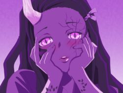  asymmetrical_horns black_hair commentary_request cracked_skin crazy_eyes demon_girl dreamoon-q female glowing glowing_eyes hands_on_own_cheeks hands_on_own_face horns kamado_nezuko kimetsu_no_yaiba looking_at_viewer mirai_nikki purple_background purple_eyes purple_theme single_horn slit_pupils solo upper_body yandere yandere_trance 