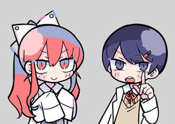  1boy blush_stickers bow buttons cardigan chibi closed_eyes closed_mouth commentary female grey_background grey_cardigan hair_between_eyes hair_ornament hair_ribbon hairbow hairclip hands_on_own_chest index_finger_raised indie_utaite lab_coat long_hair looking_at_viewer magnet nanawo_akari neck_ribbon necktie official_art open_mouth ponytail red_hair red_ribbon ribbon school_uniform short_necktie sidelocks simple_background sleeves_past_fingers sleeves_past_wrists sou_(utaite) sweater_vest terada_tera triangle turing_love upper_body utaite v-shaped_eyebrows very_long_hair w_arms white_ribbon yellow_sweater_vest 