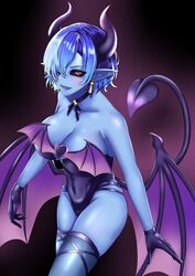  bare_shoulders black_gloves black_sclera blue_hair blue_skin breasts collarbone colored_sclera colored_skin cowboy_shot demon_girl demon_horns demon_tail demon_wings earrings female gloves highres horns indie_virtual_youtuber jewelry large_breasts leotard neck_ribbon pointy_ears red_eyes reizo_ne ribbon shigarami_imu short_hair skindentation slit_pupils solo tail virtual_youtuber wings 