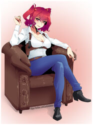  alternate_costume black_footwear blue_pants breasts chair cleavage_cutout clothing_cutout collared_shirt commentary commission contemporary crossed_legs denim english_commentary female full_body hair_bobbles hair_ornament high_heels highres jeans joeboto large_breasts long_sleeves looking_at_viewer onozuka_komachi pants pink_background red_eyes shirt sitting solo touhou twitter_username two_side_up white_shirt 