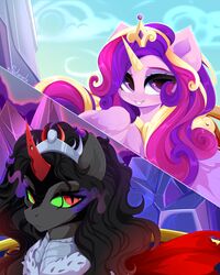  2022 4:5 absurd_res alicorn armor black_hair black_mane blonde_hair blonde_mane cape clothing cloud crown crystal digital_media_(artwork) duo equid equine female feral friendship_is_magic green_sclera grey_body hair hasbro headgear hi_res horn inner_ear_fluff king_sombra_(mlp) long_hair long_mane male mammal mane multicolored_hair multicolored_mane multicolored_tail my_little_pony mythological_creature mythological_equine mythology pink_body pink_eyes pink_hair pink_mane pink_tail princess_cadance_(mlp) pupils purple_hair purple_mane purple_tail red_eyes red_horn sky slit_pupils smile tail tuft unicorn wings xsatanielx yellow_horn yellow_tail 