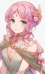  ayuanlv blue_eyes butterfly_hair_ornament circlet commentary female granblue_fantasy hair_ornament lennah looking_at_viewer parted_bangs pink_hair short_hair smile solo symbol-only_commentary upper_body white_background 