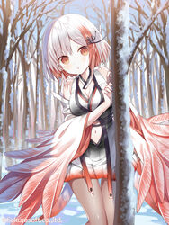  bad_id bad_pixiv_id bare_shoulders bare_tree blush breasts cleavage clothing_cutout commentary_request day detached_sleeves dress feather-trimmed_sleeves female hair_ornament long_sleeves looking_at_viewer medium_breasts multicolored_hair navel navel_cutout outdoors parted_lips peeking_out red_eyes red_hair sleeveless sleeveless_dress snow solo standing streaked_hair teikoku_senki toki_(teikoku_senki) tree watermark white_hair white_sleeves wide_sleeves yuuki_rika 