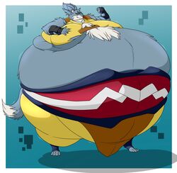  2018 anthro armor belly big_belly bottomwear canid canine canis chest_tuft claws clothed clothing ears_up fist fur gundam gundam_build_divers hand_on_chest hectorthewolf hi_res looking_at_viewer male mammal morbidly_obese morbidly_obese_anthro morbidly_obese_male obese obese_anthro obese_male overweight overweight_anthro overweight_male pants pose raised_tail smile smiling_at_viewer smirk solo standing tail thick_thighs tigerwolf_(gundam_build_divers) toe_claws topwear tuft wide_hips wolf 