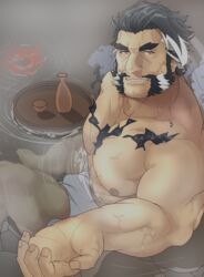  1boy abs absurdres ahoge bara beard beckoning bulge come_hither daikoku_(housamo) facial_hair forked_eyebrows halo halo_behind_head highres large_pectorals looking_at_viewer male_focus mature_male moustache multicolored_hair muscular muscular_male mutton_chops naked_towel nipples onsen orange_eyes outstretched_hand pectorals reaching reaching_towards_viewer short_hair shumeru_hito_(a_sumerian0112) sideburns solo stomach stubble thick_eyebrows tokyo_afterschool_summoners topless_male towel two-tone_hair water white_hair 