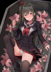  alternate_costume alternate_hair_color bad_id bad_pixiv_id black_footwear black_hair black_shirt black_skirt black_thighhighs coffin collarbone female flower hair_ribbon in_container jane_(king&#039;s_raid) king&#039;s_raid knee_up loafers long_hair long_sleeves looking_at_viewer lying miniskirt neckerchief on_back one_side_up panties parted_lips petals pink_flower pleated_skirt red_eyes ribbon sailor_collar school_uniform serafuku shirt shoes sidelocks skirt solo suzuame_yatsumi thighhighs underwear white_panties wing_collar 