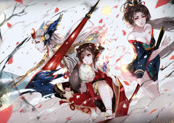  3girls absurdres bare_legs bare_shoulders bell black_hair breasts brown_hair cleavage collarbone fur-trimmed_kimono fur_trim geta hair_ornament hair_rings highres japanese_clothes jingle_bell kagura_(onmyoji) kimono large_breasts long_hair long_sleeves looking_at_viewer multiple_girls obi off_shoulder onmyoji parted_lips petals ponytail red_eyes red_kimono sash short_twintails sword thick_eyebrows thighhighs twintails ubume_(onmyoji) vardan weapon white_hair white_legwear wide_sleeves yellow_eyes youtou_hime_(onmyoji) 